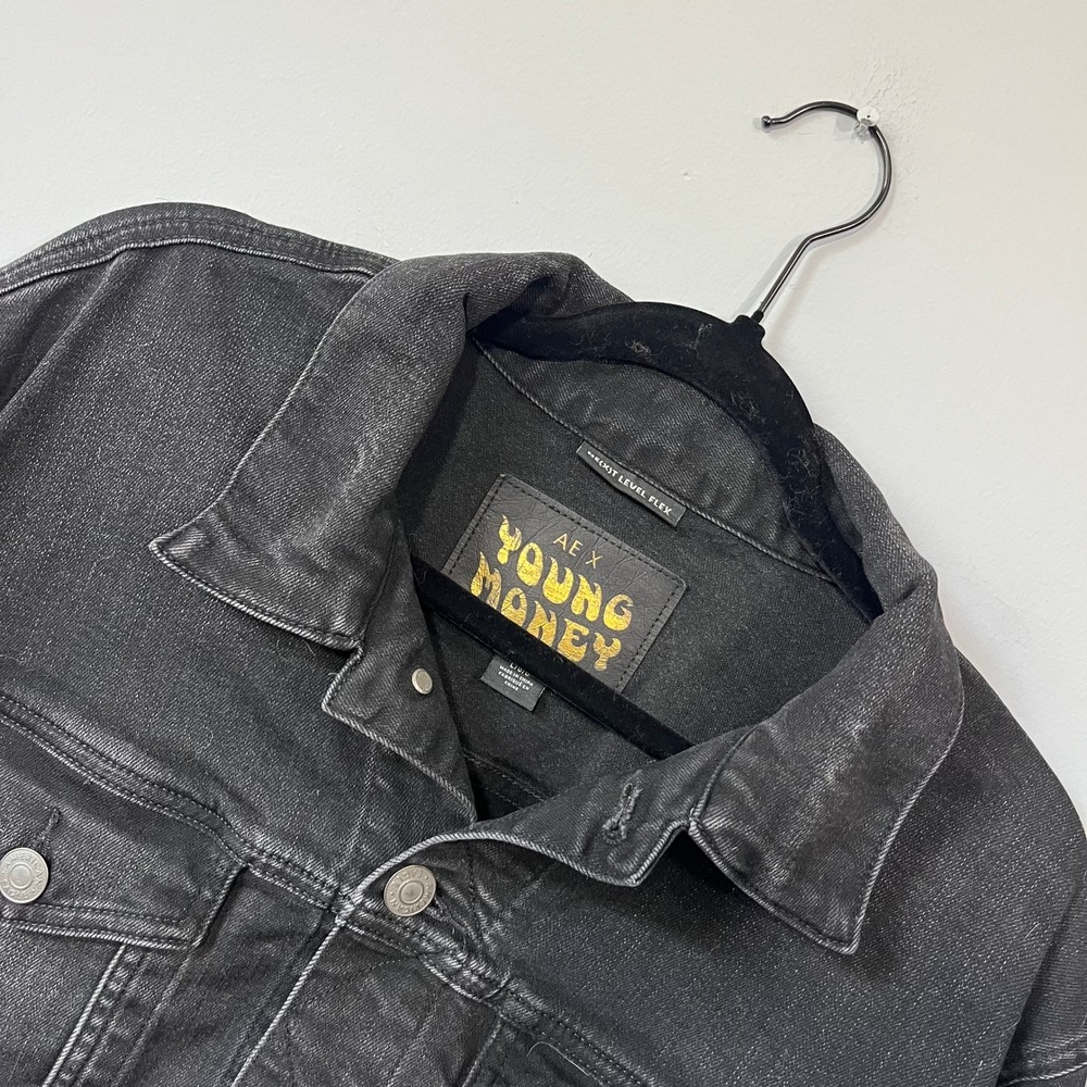 American Eagle x Young Money Black Denim Trucker Jacket Mens L Next Level Flex